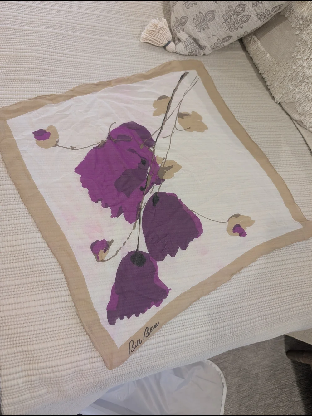Vintage Bill Blass Floral Silk Square Scarf in Purple and Cream